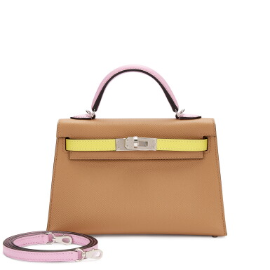 View full screen - View 1 of Lot 5543. Limited Edition Chai, Mauve Sylvestre, and Jaune Naples Epsom Tri-color Mini Kelly 20 Palladium Hardware, 2022.