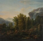 Arcadian landscape with cattle crossing a wooden bridge and a waterfall in the distance