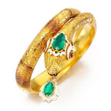 View full screen - View 1 of Lot 69. Enamel, ruby, and emerald bracelet, 1850s.