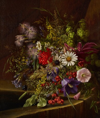 View full screen - View 1 of Lot 26. Morning Glory, Daisies, Red Currants and other Fruits and Flowers on a Ledge.