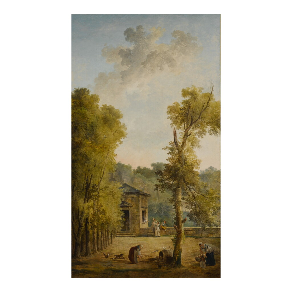 View full screen - View 1 of Lot 40. View of a walled garden courtyard, with a woman feeding chickens and other figures in the foreground.
