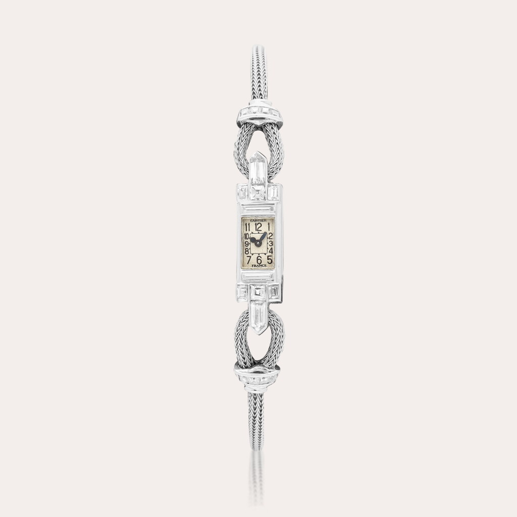 View full screen - View 1 of Lot 2180. A platinum and diamond-set bracelet watch, Circa 1929 | 卡地亞及 European Watch & Clock Company | 鉑金鑲鑽石鏈帶腕錶,約1929年製.