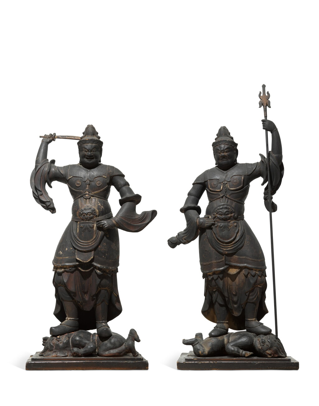 View full screen - View 1 of Lot 2100. Two wood sculptures of Jikokuten and Zochoten, Heian period, 10th – 11th century | 木造二天王立像( 持国天・ 増長天)平安時代中期 10~11世紀.