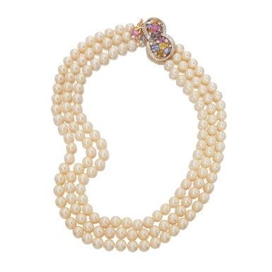 View full screen - View 1 of Lot 435. Cultured Pearl, Multi-Colored Sapphire and Diamond Necklace.