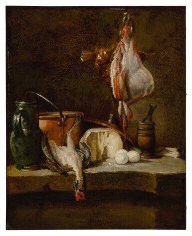 View full screen - View 1 of Lot 527. Still Life with a ray-fish, a basket of onions, eggs, cheese, a green jug and a copper pot, with a mortar and pestle on a stone ledge.