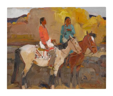 View full screen - View 1 of Lot 33. LAVERNE NELSON BLACK | TWO INDIAN MEN ON HORSEBACK.