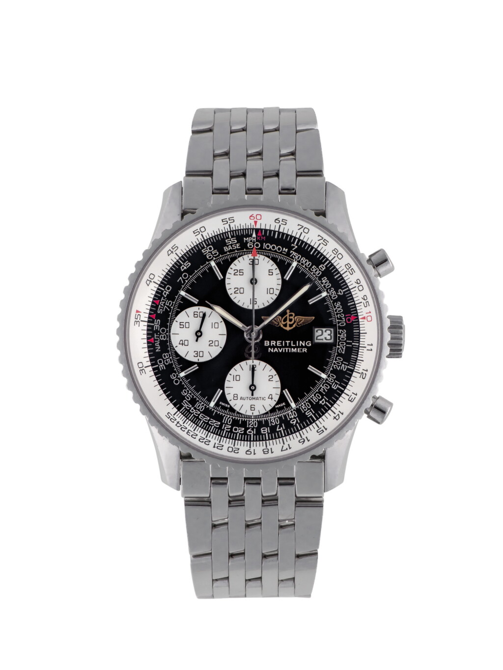 View full screen - View 1 of Lot 84. BREITLING | NAVITIMER, REF A13322 STAINLESS STEEL CHRONOGRAPH WRISTWATCH WITH DATE AND BRACELET CIRCA 2001.