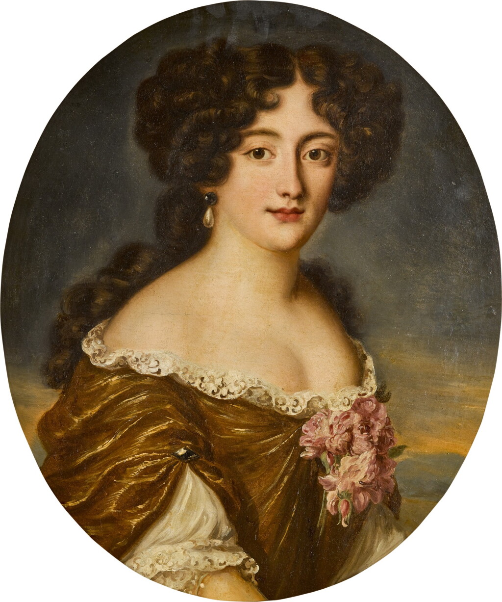 View full screen - View 1 of Lot 394. Portrait of Ortensia Mancini, duchessa di Mazzarino (1646–1699), half-length, wearing a lace-trimmed gold dress, with pink blooms at her breast.