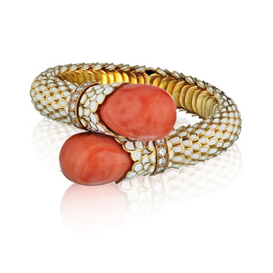 View full screen - View 1 of Lot 24. DAVID WEBB | CORAL, ENAMEL AND DIAMOND BRACELET.