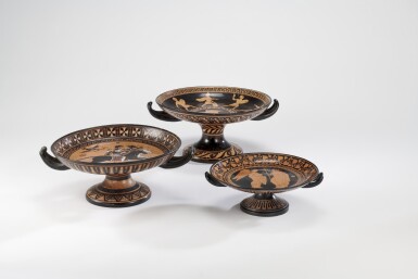 View full screen - View 1 of Lot 402. Three Naples terracotta two-handled kylix- form tazze, first half 19th century, Giustiniani and del Vecchio.