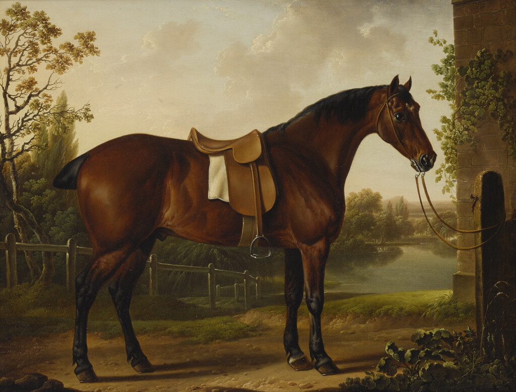 View full screen - View 1 of Lot 882. Charles Towne | A BAY HUNTER SADDLED OUTSIDE A STABLE.