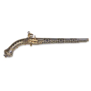 View full screen - View 1 of Lot 120. A Caucasian Miquelet Lock Pistol, signed Haji Mustafa, dated 1271 AH/1854-55 AD.