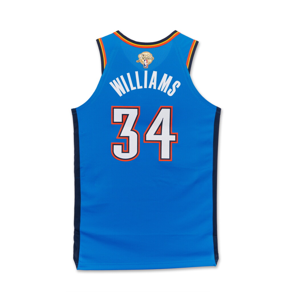 Voir en plein écran - Voir 1 du lot 19. Kenrich Williams Oklahoma City Thunder 2025 NBA Finals Game Worn Icon Edition Jersey | Game 2 | ‘Championship Run’.