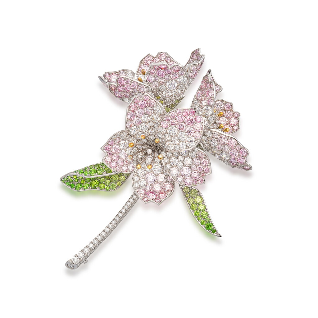 View full screen - View 1 of Lot 279. 'Cherry Blossom' Unique Coloured Diamond, Green Garnet, Sapphire and Diamond Brooch | Gimel | 'Cherry Blossom' 彩色鑽石,綠色石榴石,綠色剛玉 配 鑽石 胸針.