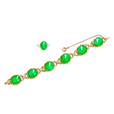 View full screen - View 1 of Lot 1743. Jadeite Bracelet; and Jadeite and Diamond Ring | 天然翡翠手鏈; 及 天然翡翠 配 鑽石 戒指.