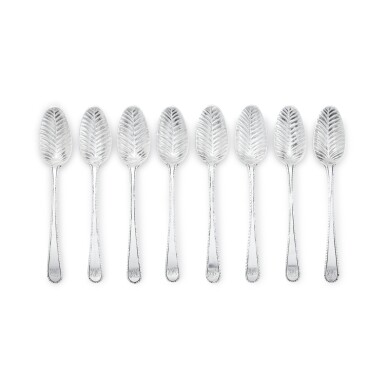 View full screen - View 1 of Lot 238. A Set of Eight American Silver Leaf-Bowl Teaspoons, Joseph and Nathaniel Richardson, Philadelphia, Circa 1790.