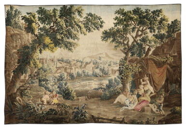 View full screen - View 1 of Lot 125. A LATE LOUIS XV AUBUSSON TAPESTRY 'L'OISELEUR', CIRCA 1770, AFTER A CARTOON BY FRANÇOIS BOUCHER | TAPISSERIE DE LA MANUFACTURE D'AUBUSSON, "L'OISELEUR", DE LA FIN DE L'ÉPOQUE LOUIS XV, VERS 1770, D'APRÈS UN CARTON DE FRANÇOIS BOUCHER.