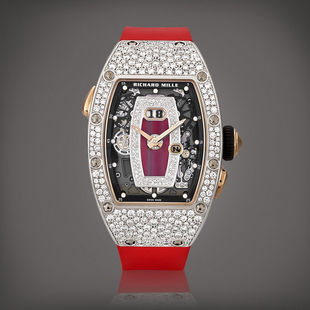 View full screen - View 1 of Lot 2182. Reference RM037 | A white gold and diamond-set semi-skeletonised wristwatch with date and jasper dial, Circa 2021 | Richard Mille | 型號RM037 | 白金鑲鑽石半鏤空腕錶,備日期及碧玉錶盤,約2021年製.
