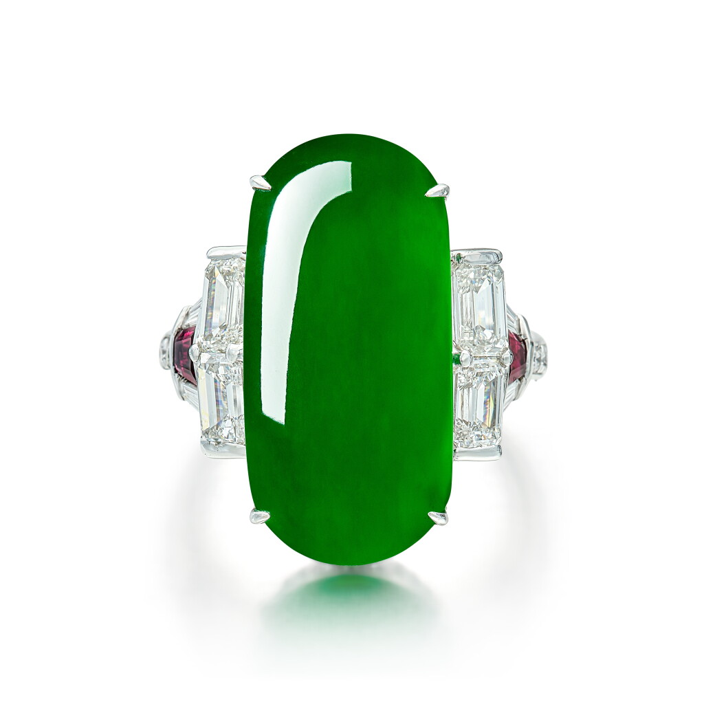 View full screen - View 1 of Lot 1693. Jadeite, Ruby and Diamond Ring | 天然翡翠,紅寶石 配 鑽石 戒指.