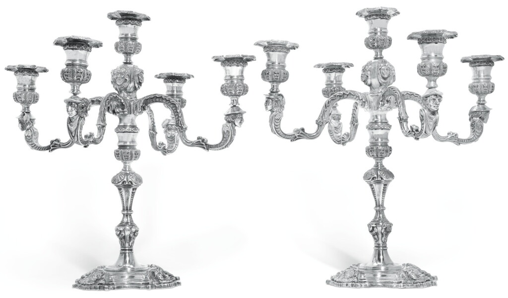 View full screen - View 1 of Lot 98. A PAIR OF ELIZABETH II IRISH SILVER FIVE-LIGHT CANDELABRA, IN 18TH CENTURY STYLE, J.P.C., DUBLIN, 1977.