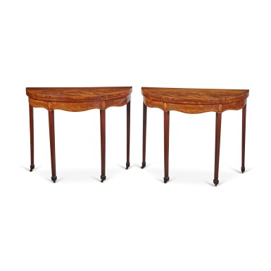 View full screen - View 1 of Lot 124. A Pair of George III Inlaid Mahogany, Tulipwood and Inlaid Demilune Gate-Leg Card Tables, Circa 1785.
