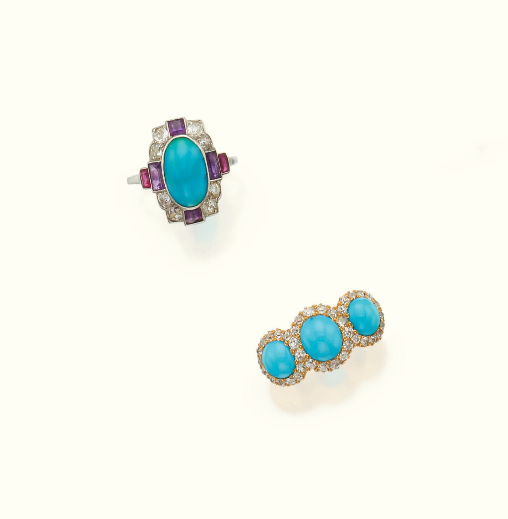 View full screen - View 1 of Lot 42. TWO JEWELED RINGS.