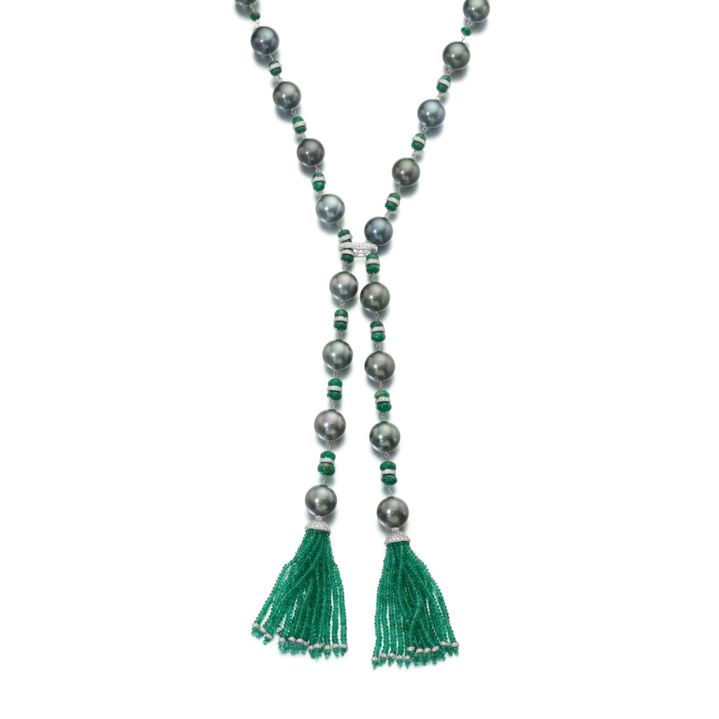 View full screen - View 1 of Lot 939. Cultured pearl, emerald and diamond necklace.