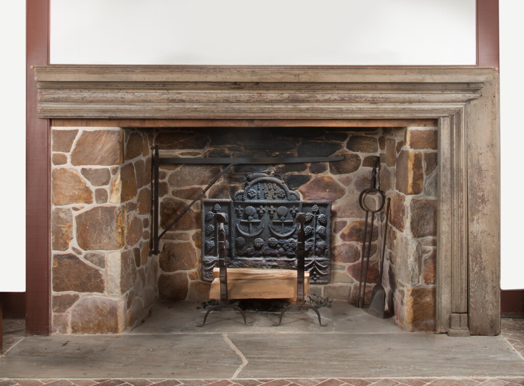 View full screen - View 1 of Lot 556. The Coppock House Very Rare Red Painted Pine 'Walk-In' Keeping Room Fireplace Mantel, Marple Township, Delaware County, Pennsylvania, Circa 1732.