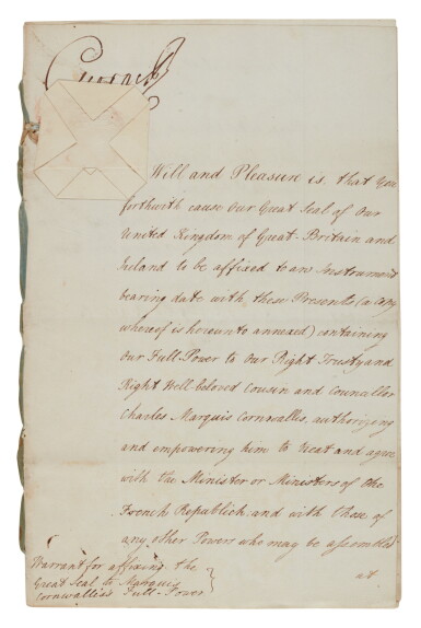 View full screen - View 1 of Lot 25. King George III | Document signed, authorising peace negotiations with France, 30 October 1801 .