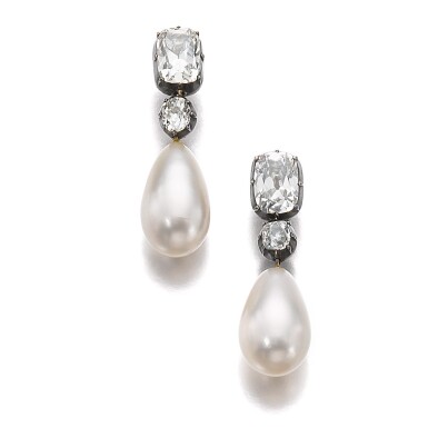 View full screen - View 1 of Lot 315. PAIR OF NATURAL PEARL AND DIAMOND EARRINGS.