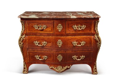 View full screen - View 1 of Lot 109.  A LOUIS XV STYLE GILT BRONZE-MOUNTED TULIPWOOD COMMODE.