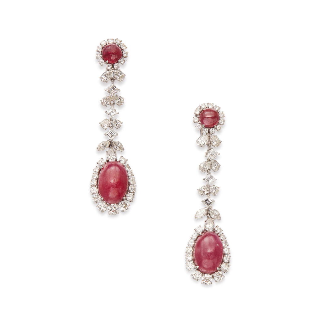 View full screen - View 1 of Lot 90. Pair of Ruby and Diamond Pendant-Earclips.