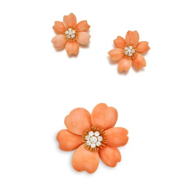 View full screen - View 1 of Lot 54. Coral and Diamond 'Rose de Noël' Clip-Brooch and Pair of Earclips, France.