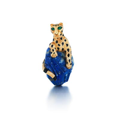 View full screen - View 1 of Lot 100. Lapis lazuli, emerald and enamel brooch.
