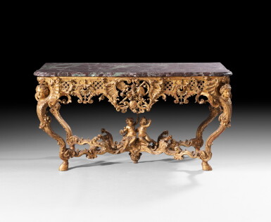 View full screen - View 1 of Lot 28. A giltwood console table, French Régence | Console en bois doré d’époque Régence.