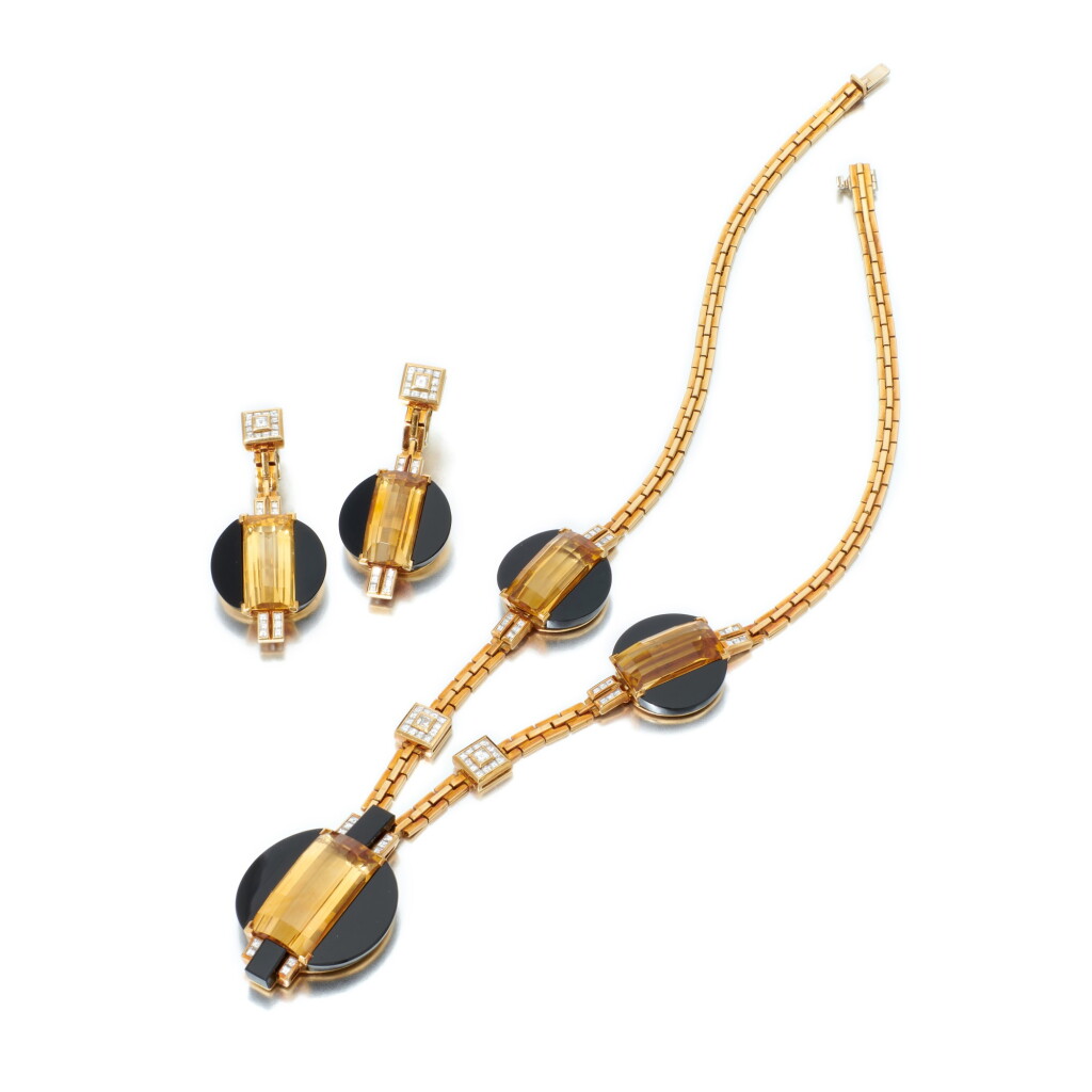 View full screen - View 1 of Lot 93. Onyx, citrine and diamond pair of earclips and necklace (Paio di orecchini e collana in onice, quarzi citrini e diamanti).
