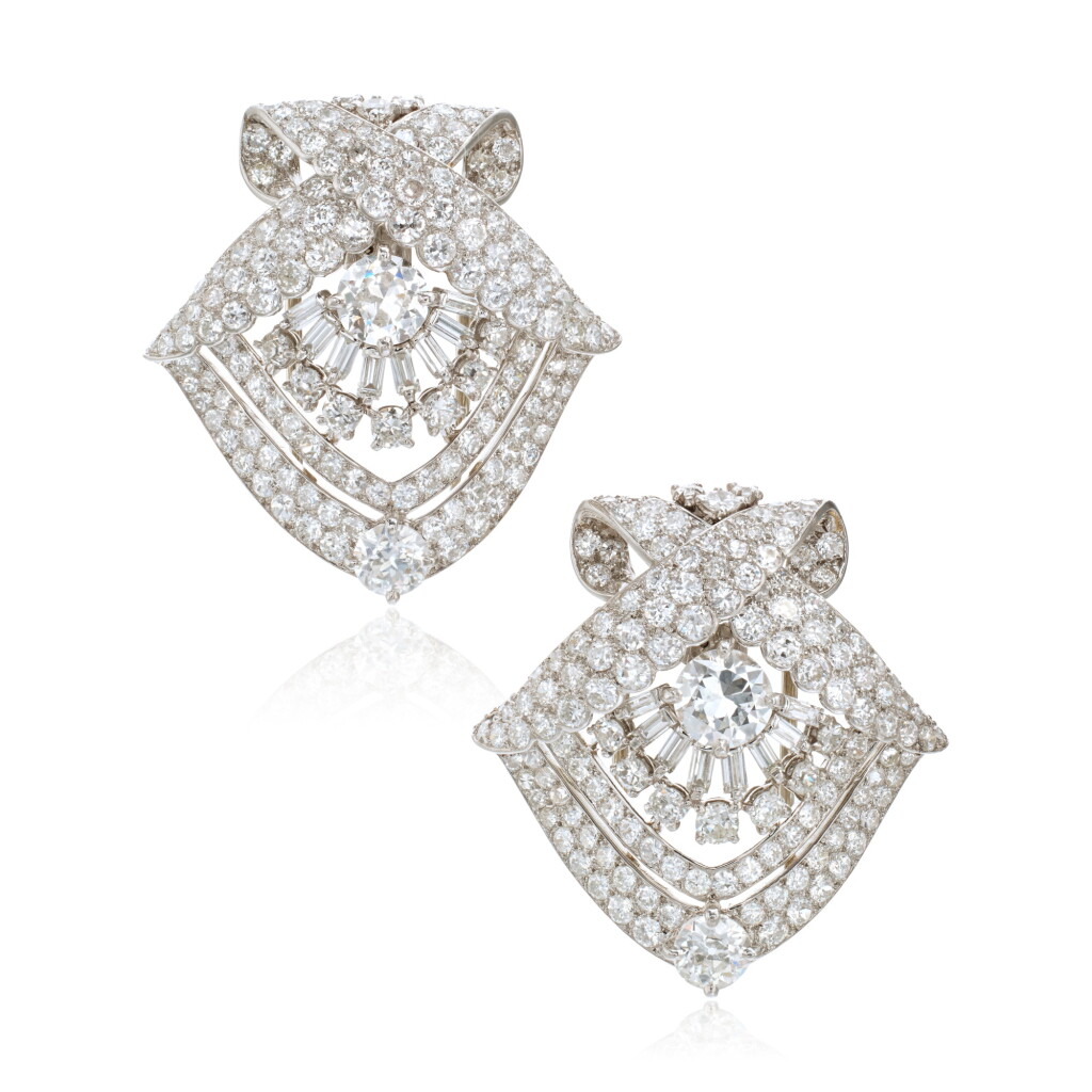 View full screen - View 1 of Lot 554. Pair of Diamond 'Palmette' Brooches.
