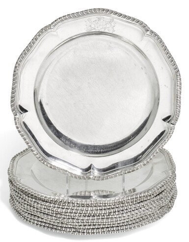 View full screen - View 1 of Lot 125. A SET OF TWELVE GEORGE III SILVER DINNER PLATES, DANIEL SMITH & ROBERT SHARP, LONDON, 1766.