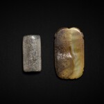 Two celadon jade plaques, Neolithic period - Shang dynasty | 新石器時代至商 青玉素面墜飾兩件