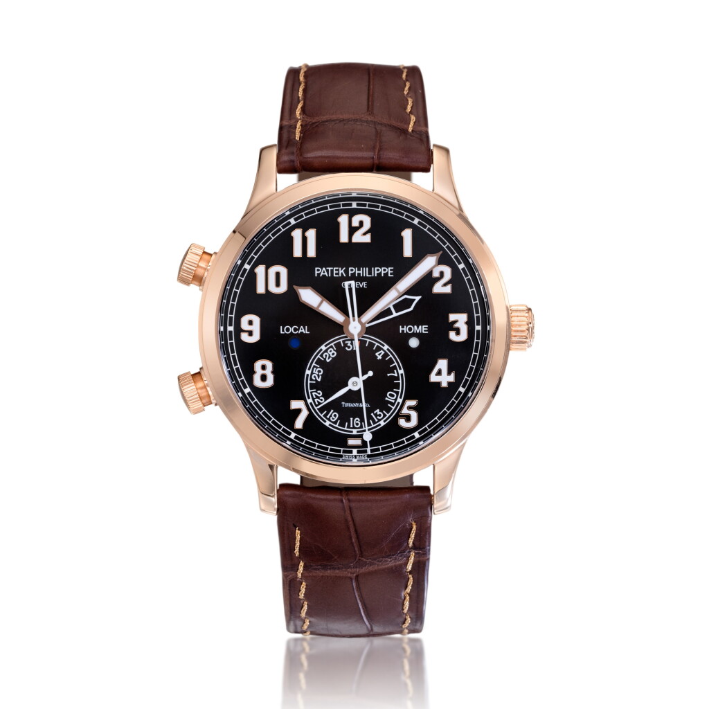 View full screen - View 1 of Lot 25. Reference 5524R-001 Calatrava Pilot Travel Time, Retailed by Tiffany & Co.: A pink gold automatic dual time wristwatch with day/night indication and date, Circa 2019 百達翡麗 5524R-001型號 Calatrava Pilot Travel Time 粉紅金自動上鏈兩地時間腕錶備晝夜及日期顯示,約2019年製,零售商為蒂芙尼.