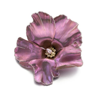 View full screen - View 1 of Lot 627. Pearl, diamond and titanium flower brooch.