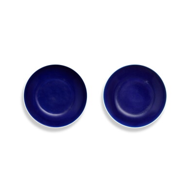 View full screen - View 1 of Lot 5857. A pair of blue-glazed dishes, Seal marks and period of Qianlong | 清乾隆 藍釉盤一對 《大清乾隆年製》款.