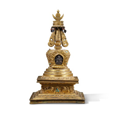 View full screen - View 1 of Lot 1157. A gilt-bronze repoussé Ushnishavijaya stupa, Central Tibet, Shigatse, dated 1805 | 藏中 日喀則 1805年 銅鎏金佛塔.