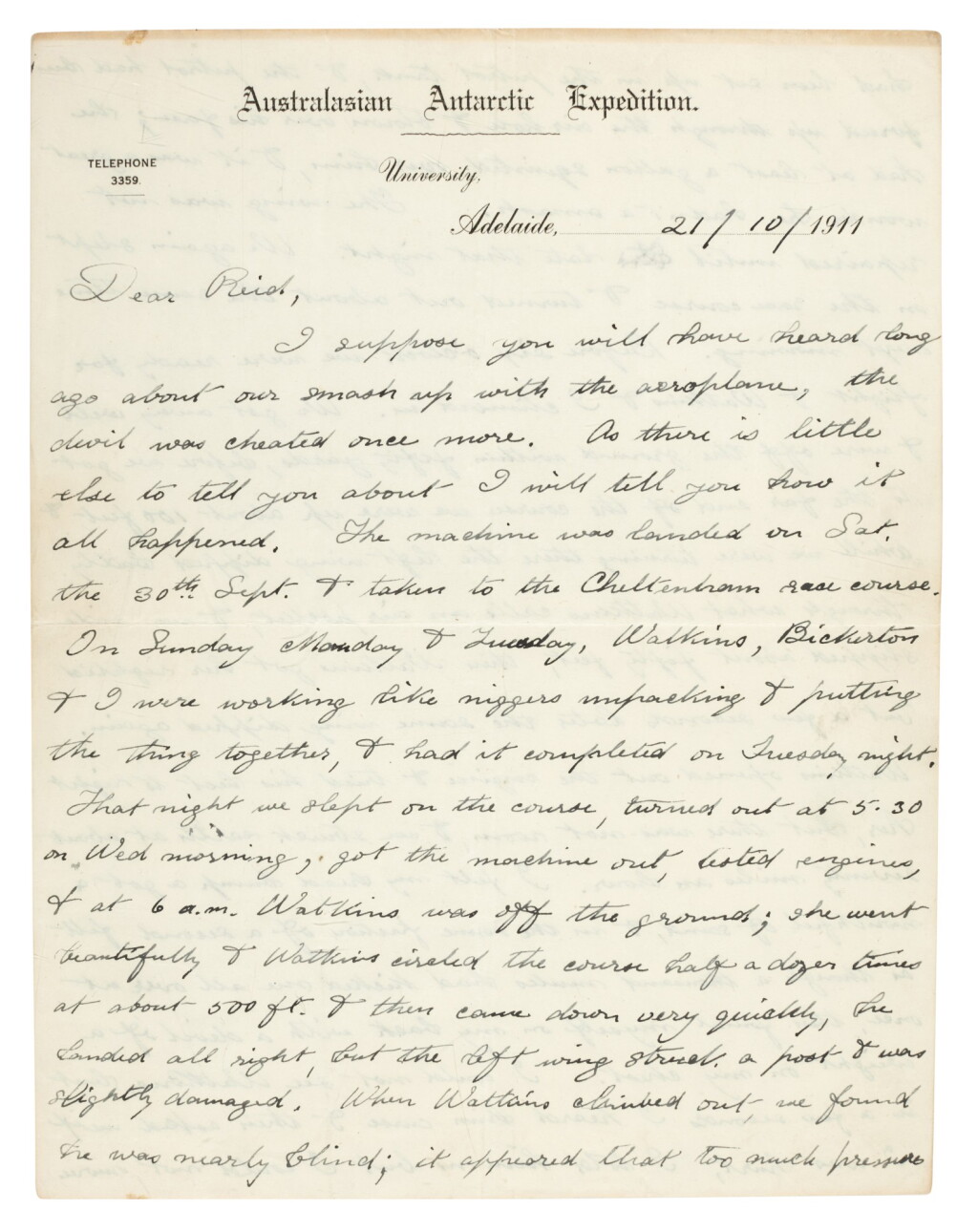 View full screen - View 1 of Lot 187. Frank Wild | Autograph letter signed to Alfred (?) Reid, 21 Oct 1911.