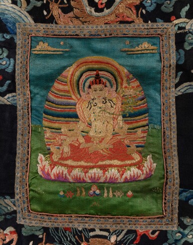 View full screen - View 1 of Lot 180. An embroidered thangka of Manjusri, Probably Mongolia, 18th century | 或為蒙古 十八世紀 刺綉文殊菩薩唐卡.