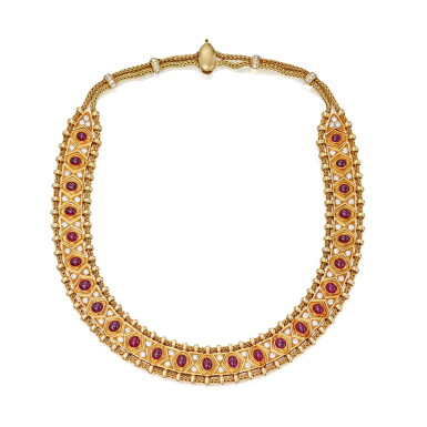 View full screen - View 1 of Lot 44. René Boivin | Gold, Ruby and Diamond Necklace, France.