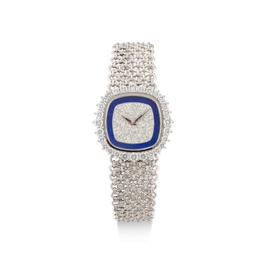 View full screen - View 1 of Lot 8097. PATEK PHILIPPE | REFERENCE 4273 | A WHITE GOLD AND DIAMOND-SET BRACELET WATCH WITH LAPIS LAZULI DIAL, MADE IN 1978 | 百達翡麗 | 型號4273 白金鑲鑽石鏈帶腕錶,備青金石錶盤,1978年製.