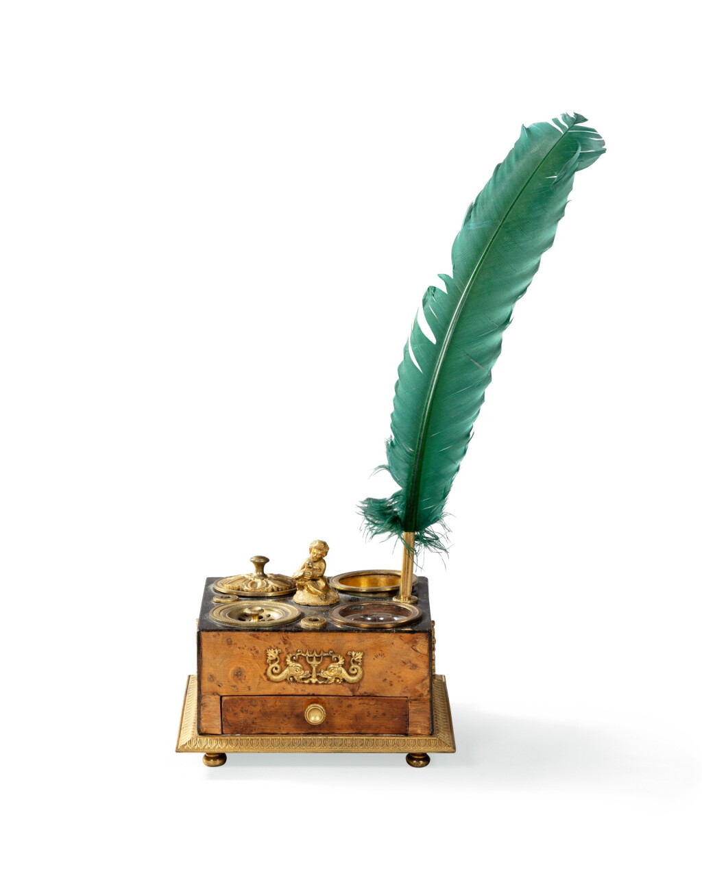 View full screen - View 1 of Lot 85. A gilt-bronze mounted walnut and ebony inkstand, French Restauration, first half 19th century | Encrier en noyer, ébène et bronze doré, d'Epoque Restauration, première moitié du XIXe siècle.