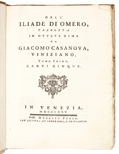 View full screen - View 1 of Lot 103. Homer, Iliade, translated by Casanova, Venice, 1775-1778, 3 volumes, carta rustica, uncut.