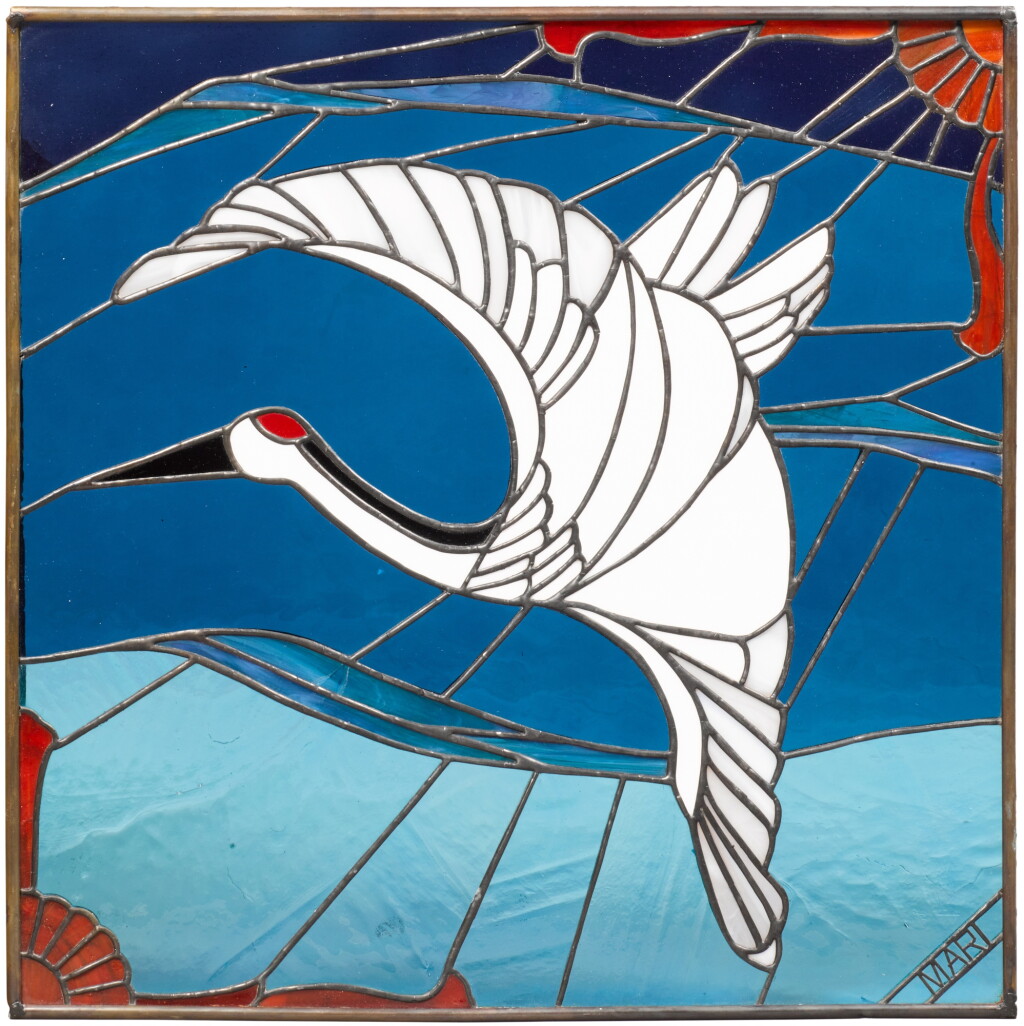 View full screen - View 1 of Lot 1524. A stained glass square panel depicting a white crane signed Mari, 20th century.